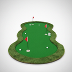 A 5 x 10 feet golf practice putting green mat with three holes, covers, cups, and flags, on a clean gradient background.