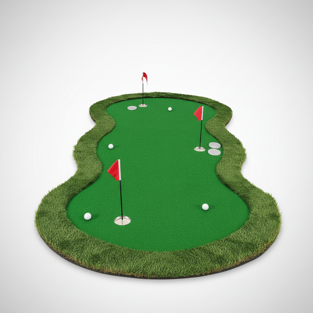 A 5 x 10 feet golf practice putting green mat with three holes, covers, cups, and flags, on a clean gradient background.