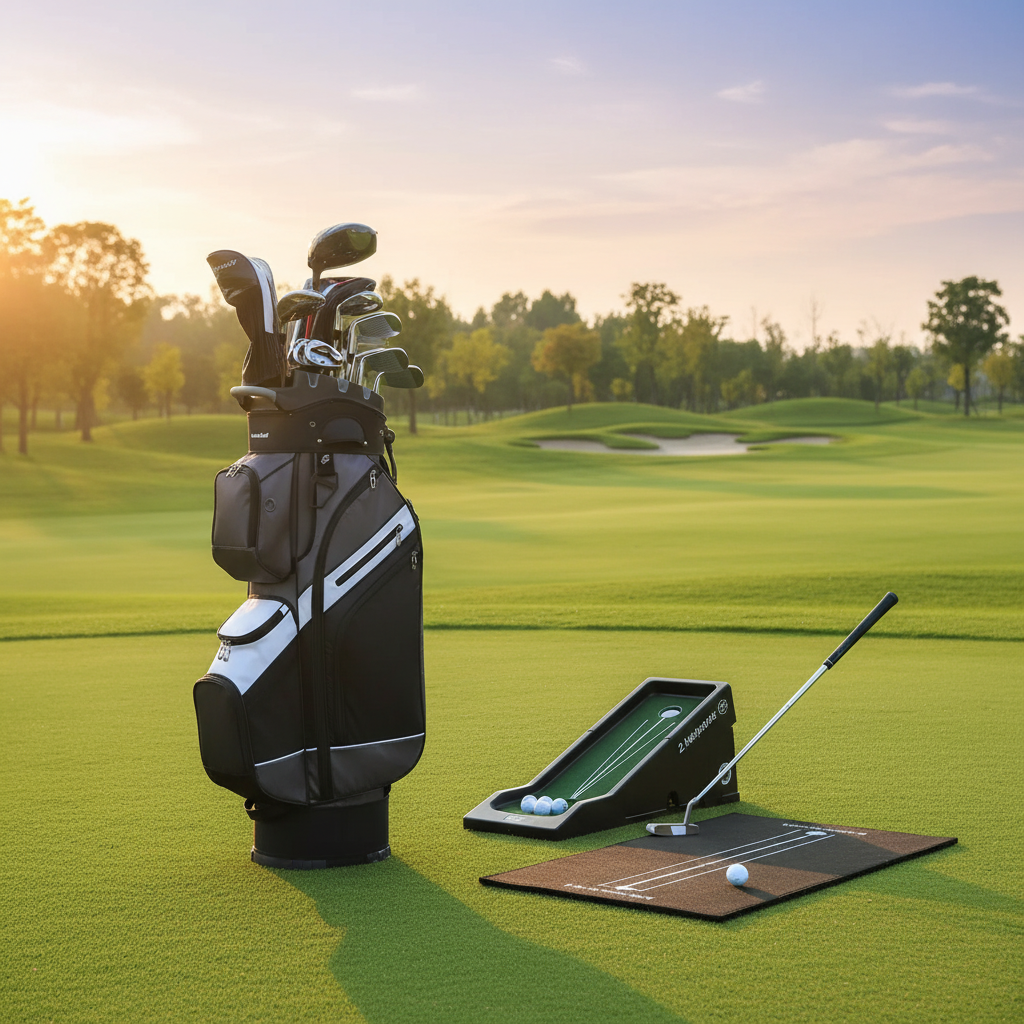 Golf cart bag, putting mat set with ball return, and 2-hole putting mat on a golf course at golden hour.