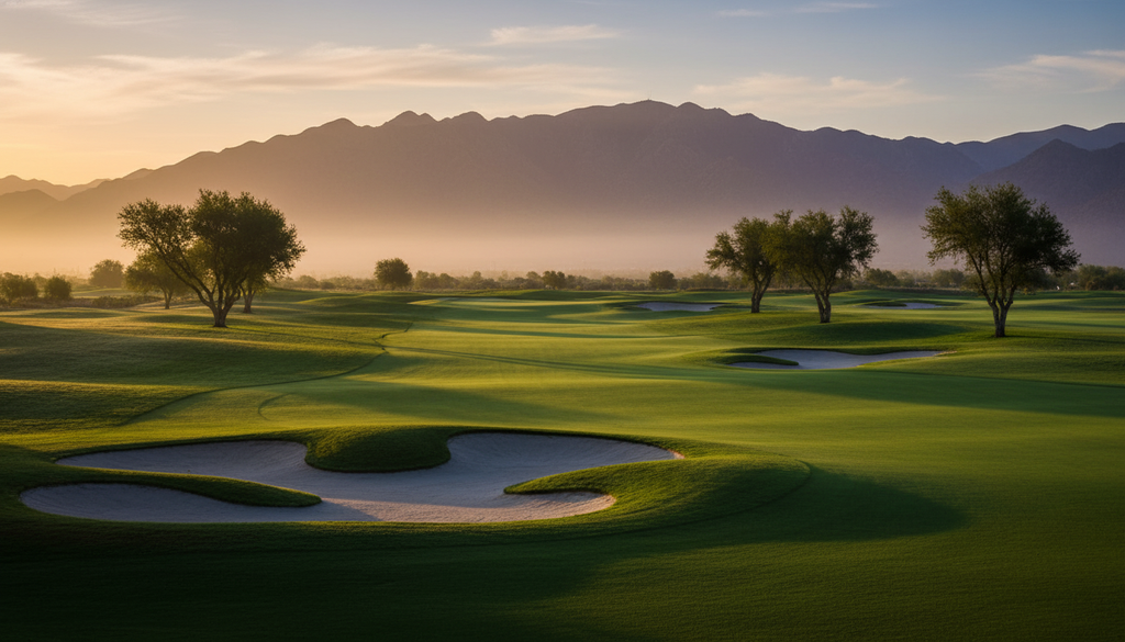 A picturesque golf course at sunrise or sunset, with lush green fairways, sand traps, and distant mountains or ocean under a 