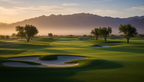 A picturesque golf course at sunrise or sunset, with lush green fairways, sand traps, and distant mountains or ocean under a 